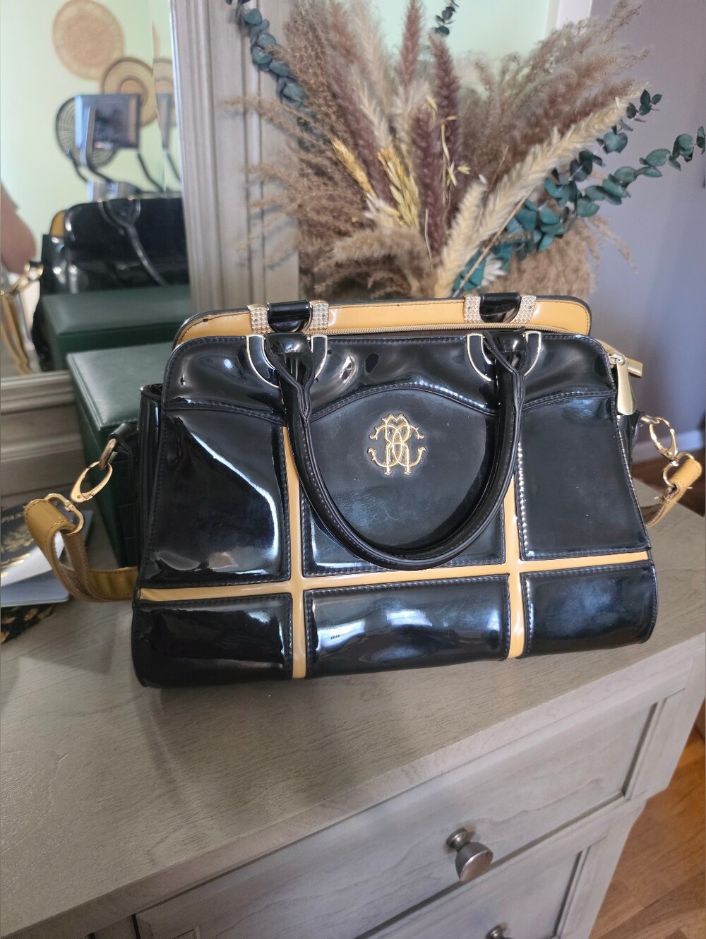 Roberto Cavalli Black and Tan Patent Leather Crossbody Satchel